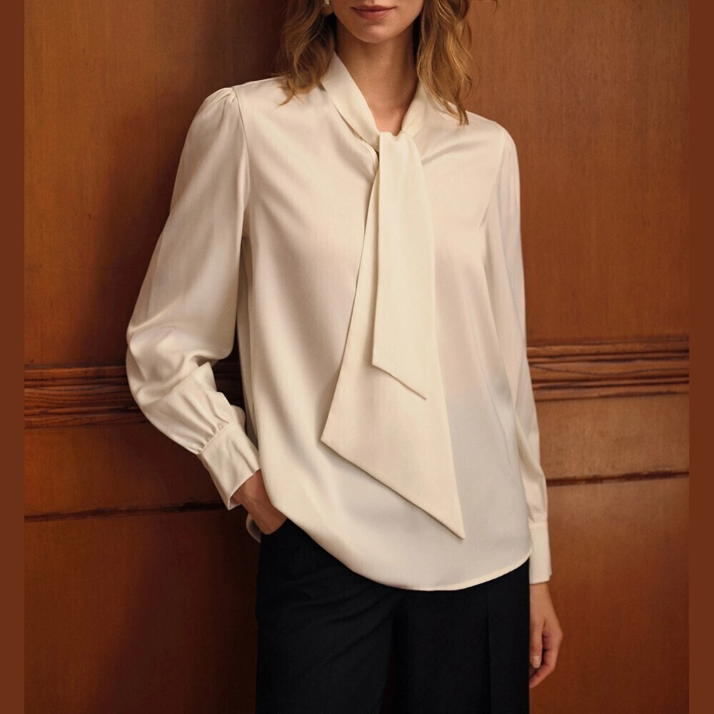Cream Tie Neck Long Sleeve Blouse